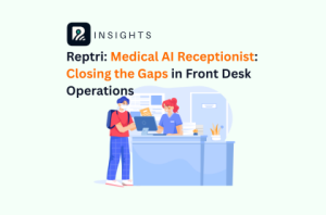 A standing man in front of a medical receptionist communicating with a worker