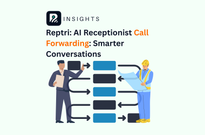 2 workers standing in front of a reptri AI receptionist Call forwarding workflow design, with the Reptri Logo in the background