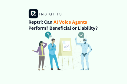 AI Voice Agents discussing performance with 2 human characters below the Reptri title screen