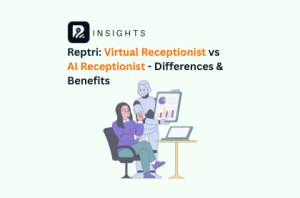 Reptri Virtual Receptionist vs AI Receptionist title screen, showcasing Reptri AI Agent assisting business owner with reports and admin duties